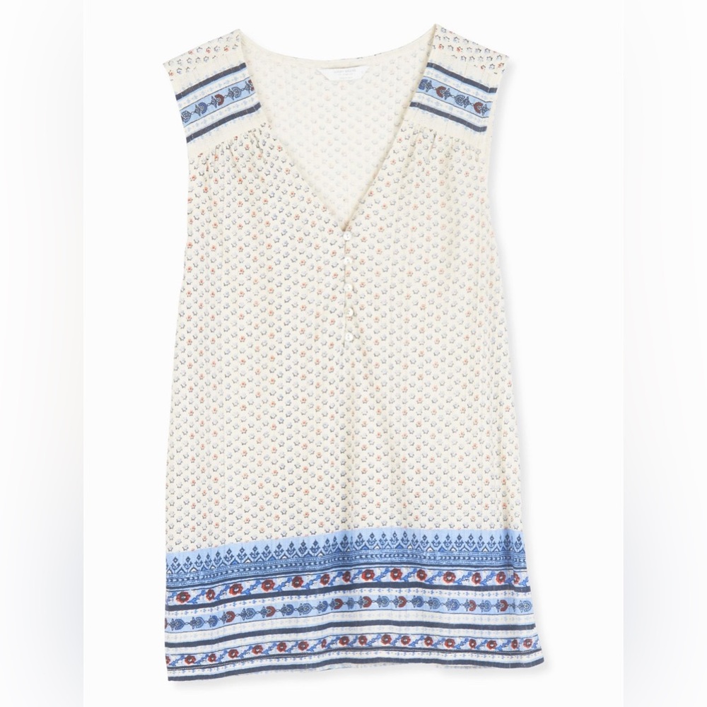 Lucky Brand White Blue Drop Needle Border Print Tank Shirt Size XS